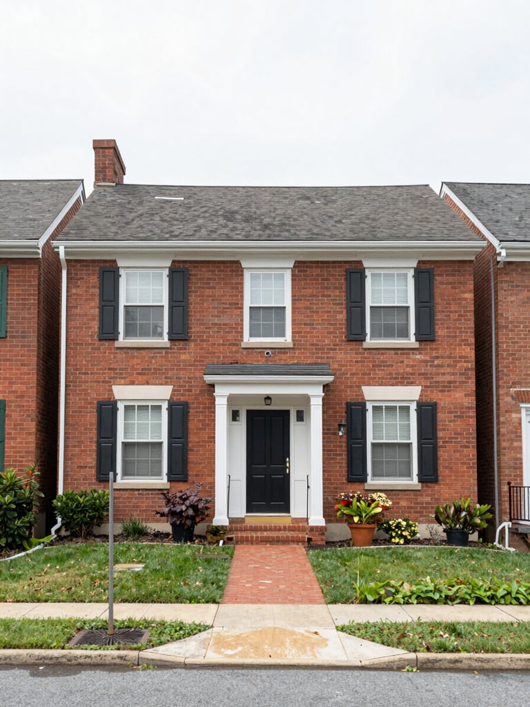 A straight-on exterior shot of a charming brick townhouse in a quiet Maryland neighborhood, soft overcast daylight, realistic and un-staged, 35mm lens