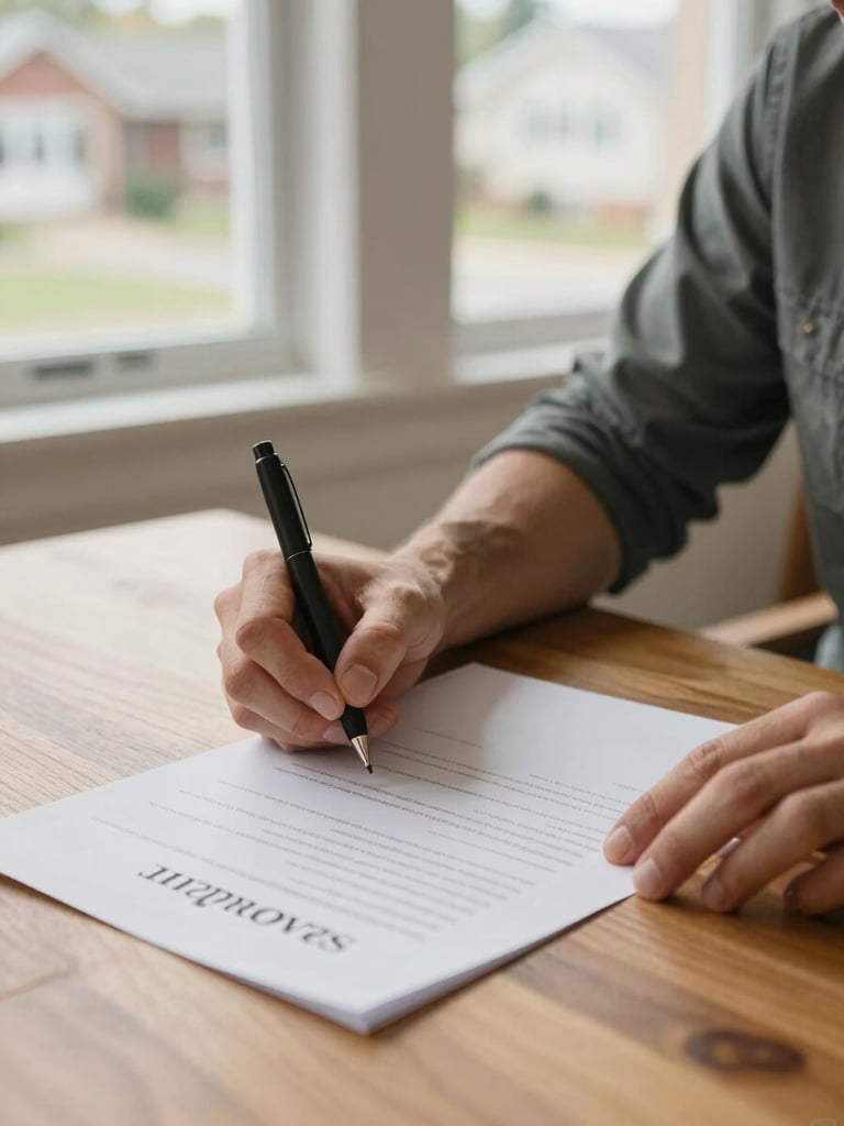 Close-up of hands signing a clean purchase contract on a warm oak table, soft natural daylight from a side window, professional 35mm photography