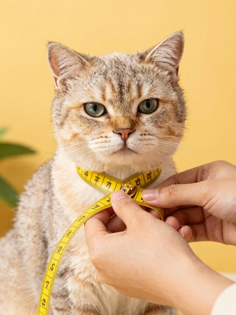 Close-up of hands gently wrapping a yellow measuring tape around the chest of a calm cat, warm lighting, showing the measuring process clearly.