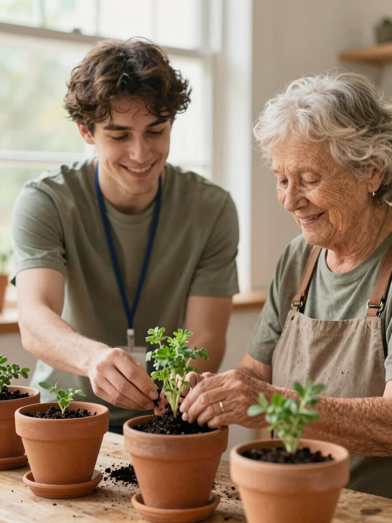Warm editorial photograph of a young volunteer and an elderly person smiling together while planting small green herbs in terracotta pots, soft natural window light