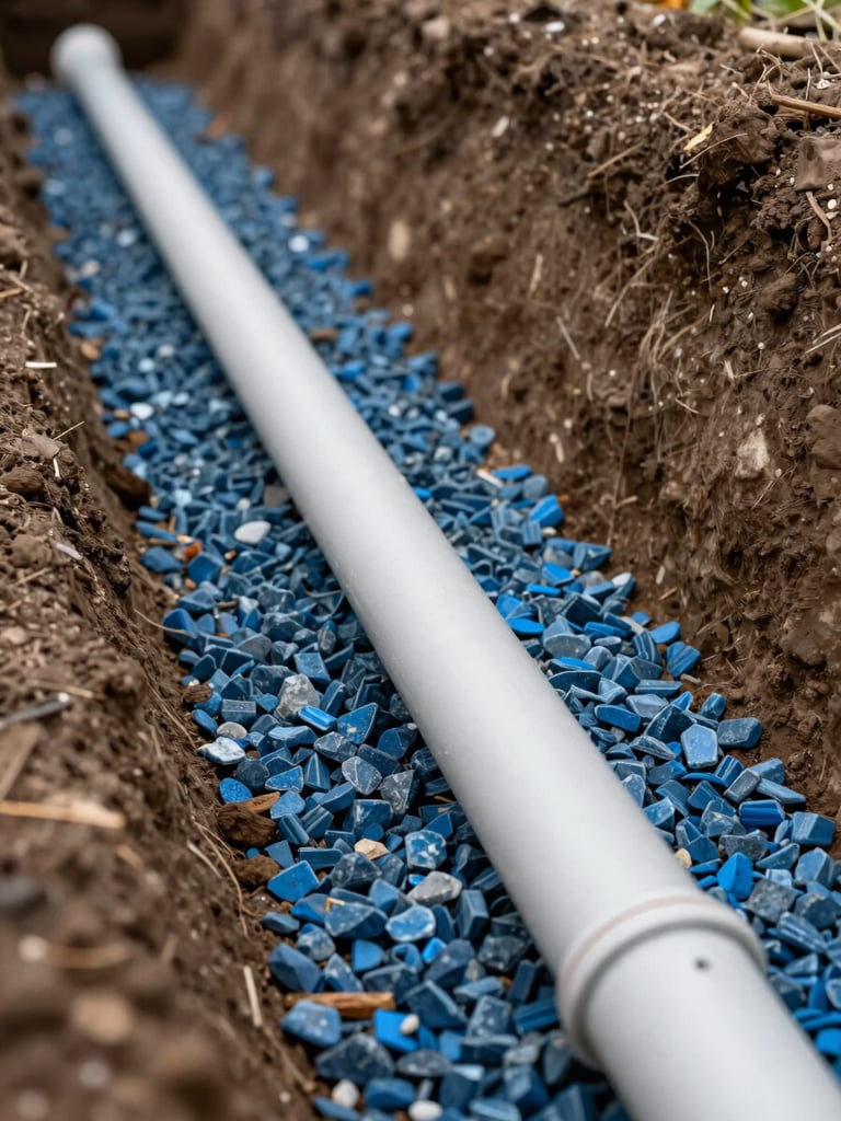 Close-up of a clean, laser-leveled trench with high-quality PVC drainage pipe laid on a neat bed of blue metal gravel, Gippsland soil visible on the trench walls.
