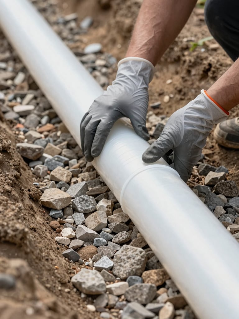 Detailed close-up of a high-density polyethylene drainage pipe being laid on a clean gravel bedding inside a deep clay trench, high-vis gloved hands adjusting the alignment.