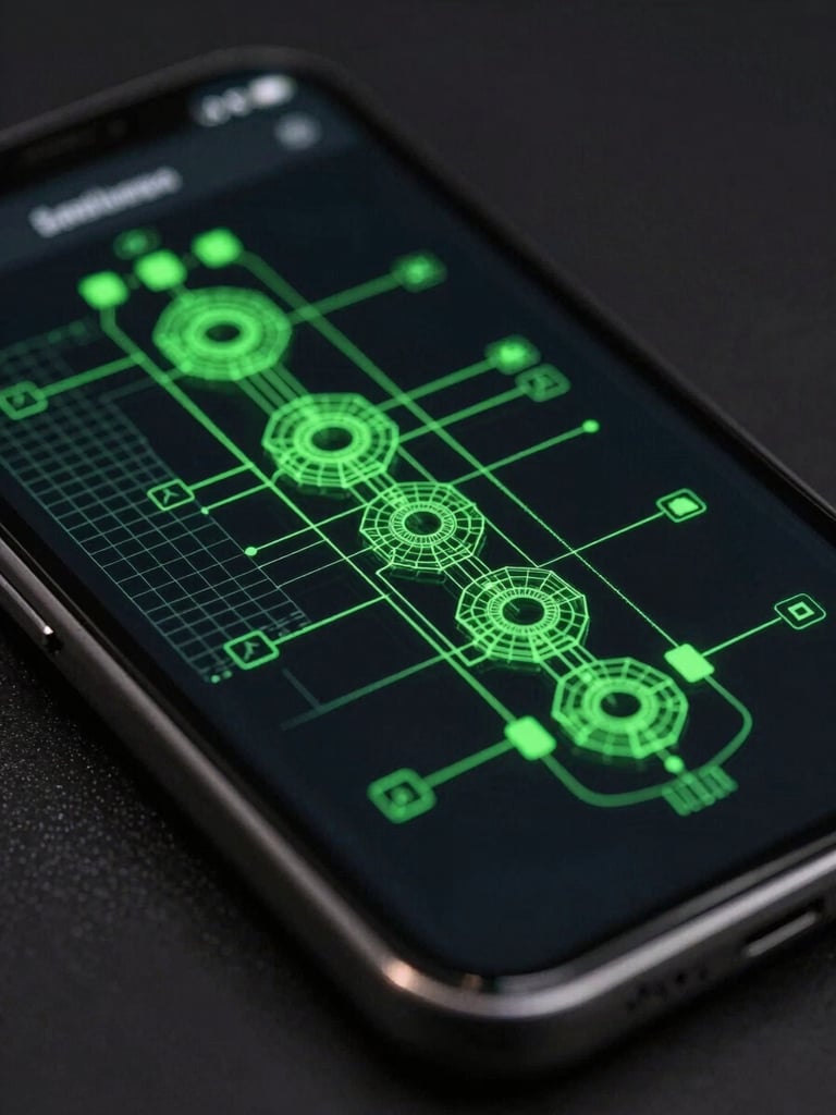 Macro orthographic wireframe vector render of a mobile screen interface, glowing electric green lines on deep black background, technical schematic style.