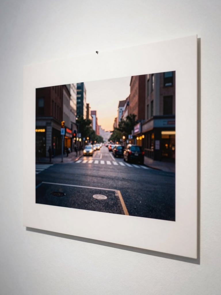 Close-up of a single large-format photographic print pinned to a bare white wall, left edge of the print touching the frame edge, cool north light falling across the surface from the upper left, the image within the print showing a blurred urban intersection at dusk — no faces, no text, precise tonal gradation