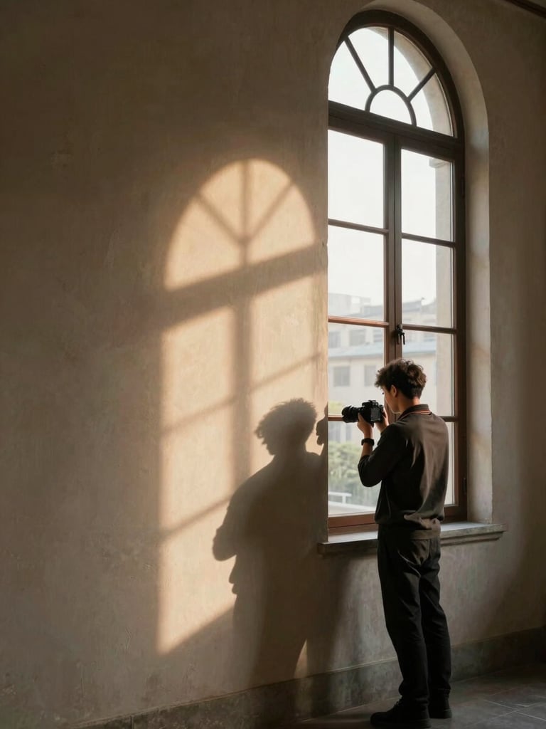 Vertical editorial portrait: photographer stands in the right third of frame near a tall arched window, back partially turned, holding a camera at rest — warm directional afternoon light rakes across the wall texture and one shoulder, deep shadow occupying the left half of the image, stone or plaster architectural detail visible, no eye contact with viewer, mood is still and deliberate