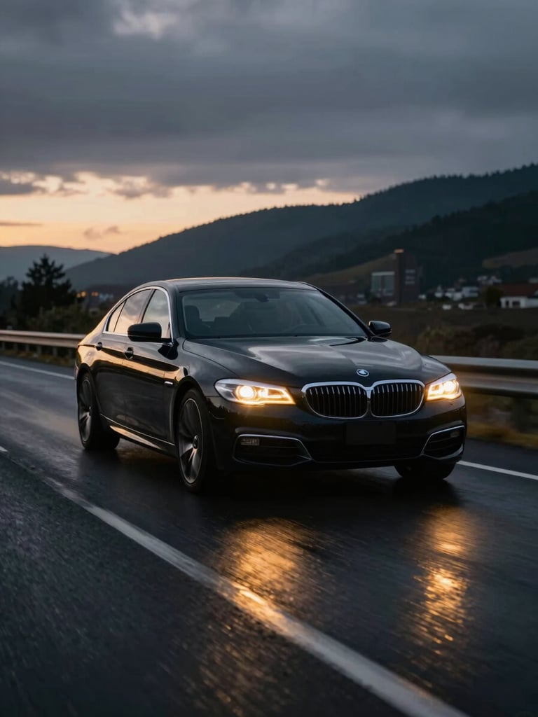 Cinematic twilight shot of a luxury black sedan driving on a scenic wet Oregon highway, golden headlights reflecting on the asphalt, shallow depth of field, 35mm.