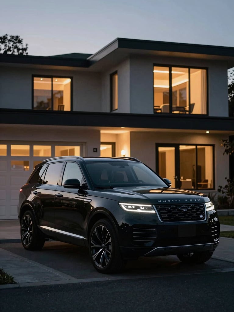 Cinematic twilight shot of a modern luxury SUV parked in front of a contemporary architectural home in Eugene, soft ambient lighting, high-end corporate aesthetic
