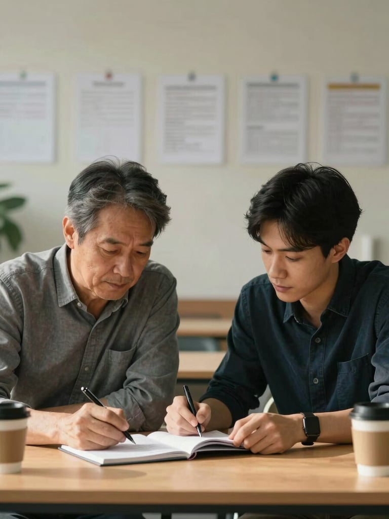 Close two-shot from across a small table: a mentor and a younger adult leaning slightly toward each other, both looking at a notebook open between them, pens in hand. Warm tungsten overhead light falls on the table surface. Neither person is smiling for the camera — both are focused on the page. A coffee cup sits at the edge of frame. Background is a softly blurred office wall with pinned papers.