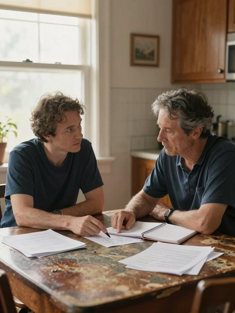 Close wide shot of two adults seated at a worn kitchen table under warm morning window light, papers and a notebook spread between them, one person pointing to a handwritten note while the other listens — inhabited and unposed, no eye contact with camera
