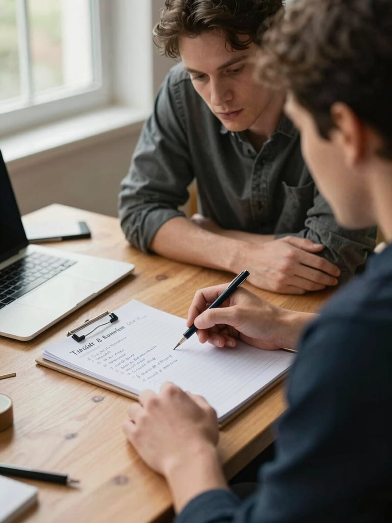 Close two-person conversation at a real desk, one person pointing to a handwritten list of action items on a legal pad, the other person leaning in attentively, natural daylight from a window to the left, planning tools and a laptop partially visible, warm and inhabited workspace feel