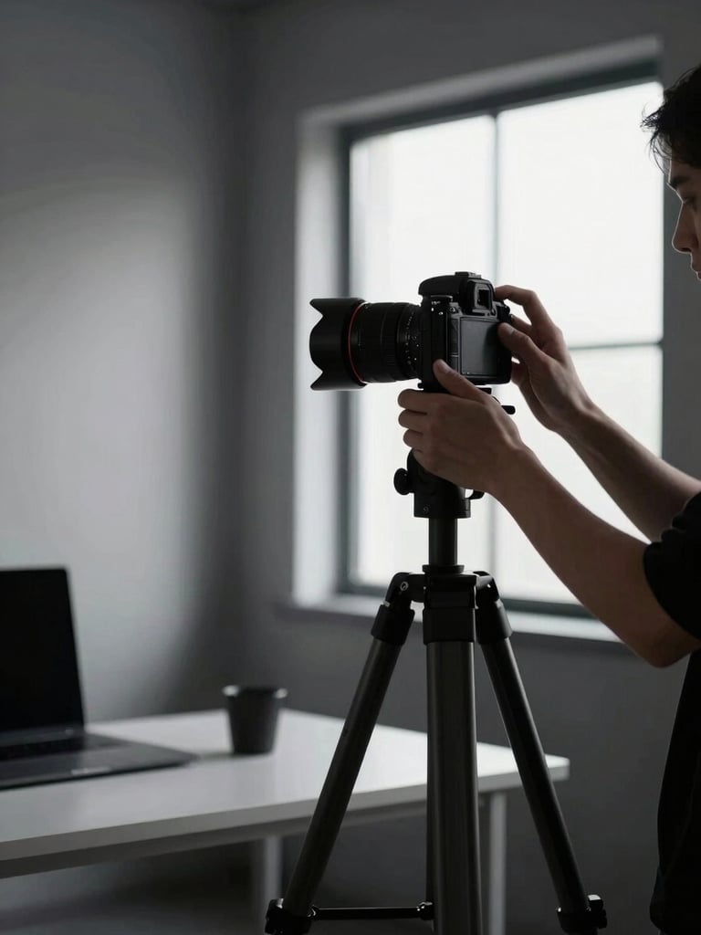 A photographer working in a minimalist studio, adjusting a camera on a heavy tripod, moody directional window light, deep shadows, clean workspace.