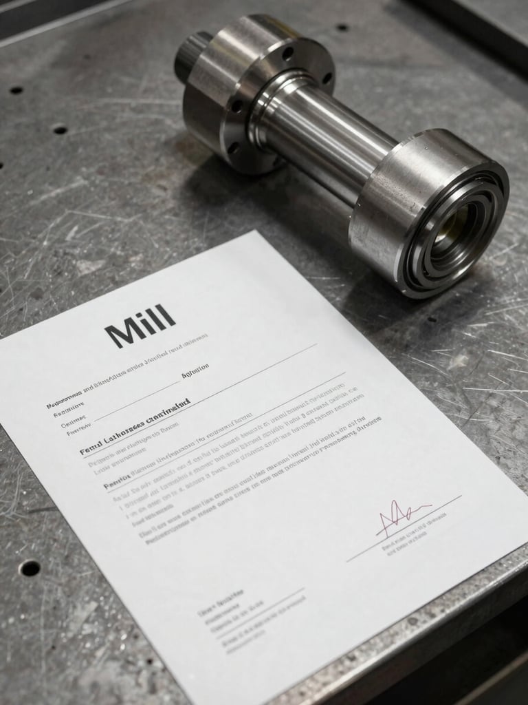 Overhead documentation shot of a mill certificate laid flat on a steel workbench beside a finished machined part, both in focus under natural shop light, no hands obscuring the cert fields