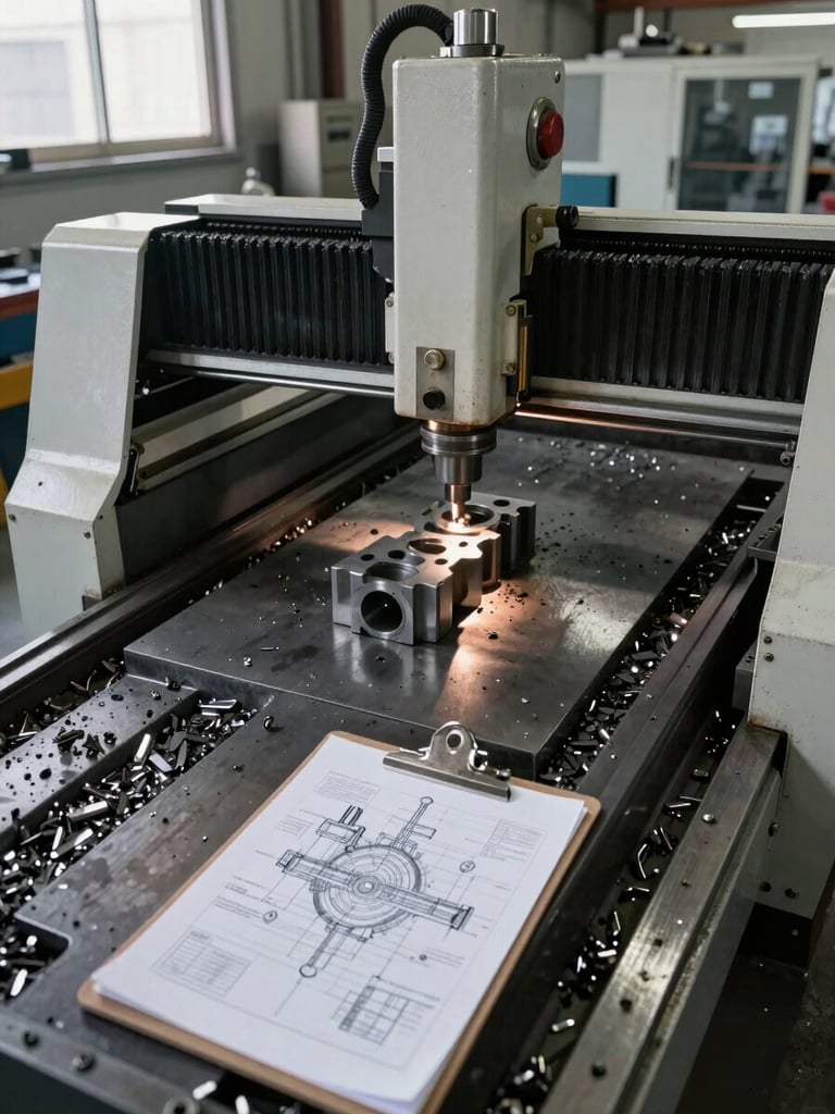 Overhead documentary view of a steel fabrication shop floor, a CNC machine actively running a part under task lighting, metal chips visible on the bed, a printed engineering drawing pinned to a clipboard in the near foreground, natural light from high windows supplementing task lamps, no people visible — process in motion