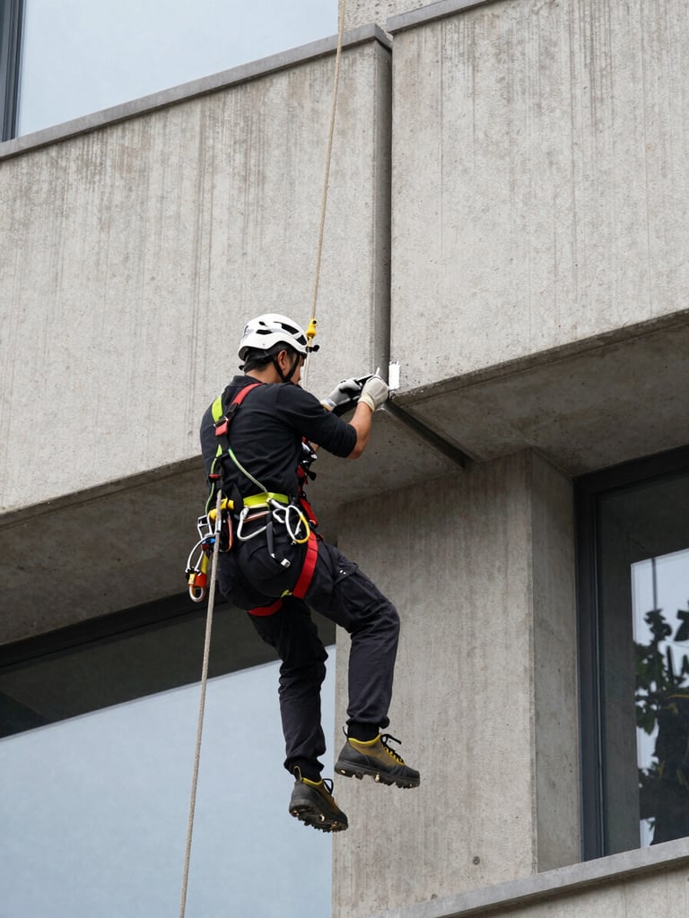 Close-up environmental shot of a safety-harnessed technician on a rope access system against a concrete facade, overcast daylight, applying sealant to an expansion joint, building surface texture visible in sharp detail, urban height evident below