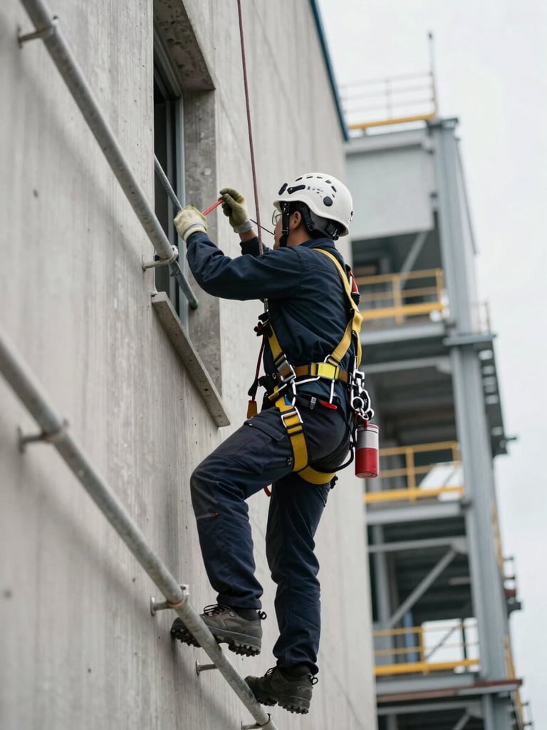 Close-up wide shot of a technician in full safety harness and helmet working on an industrial building exterior at height, overcast natural light, scaffolding pipes and facade concrete surface visible, industrial plant context in background, no faces visible