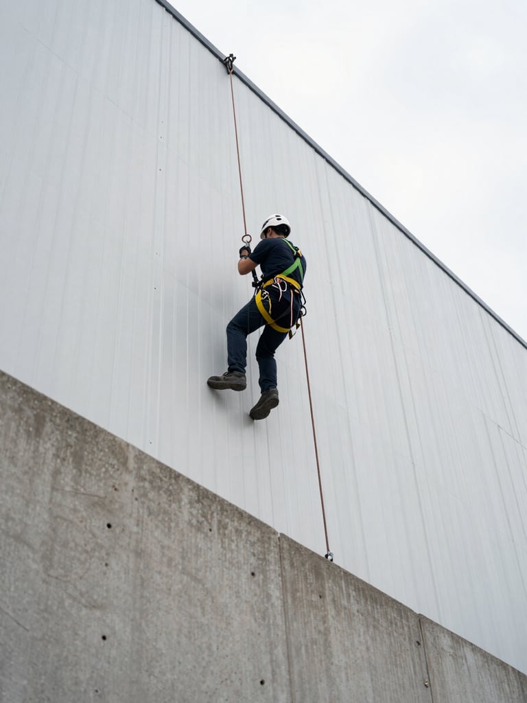 Wide environmental shot from below, technician in full safety harness and helmet secured to scaffolding on a large commercial building facade, overcast daylight, visible rigging and anchor points, concrete surface texture in foreground