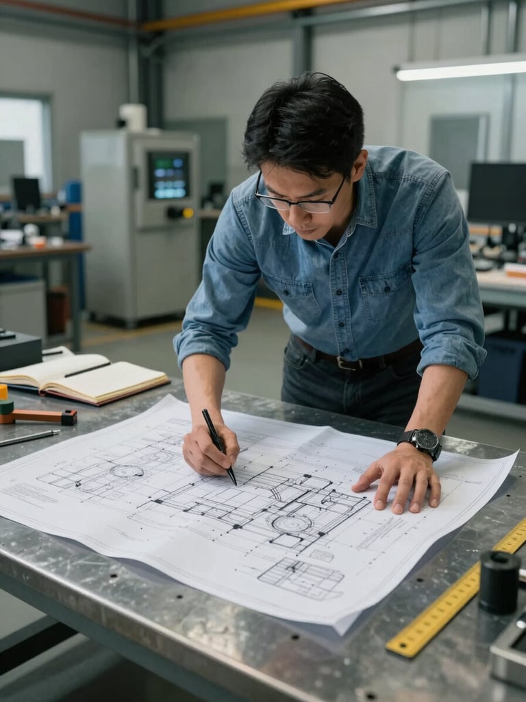 Wide shot of a technical engineer reviewing printed mechanical blueprints spread across a steel workbench inside an industrial facility, cool diffused daylight, measurement tools and notebooks visible beside the drawings, plant equipment in background
