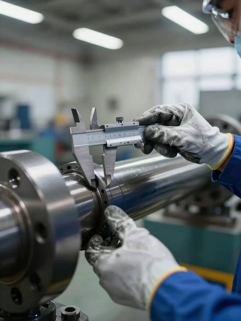 Close-up of an engineer's gloved hands using a caliper to measure a heavy industrial shaft in a manufacturing plant, cool neutral daylight from overhead fixtures, mechanical components sharp in focus, workshop floor visible in background