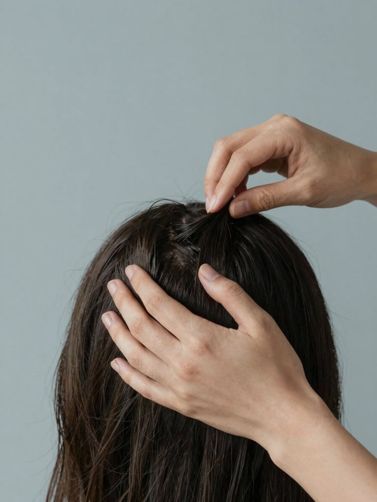 Hands gently applying clinical scalp-care treatment to clean parted hair under soft, low-contrast studio lighting