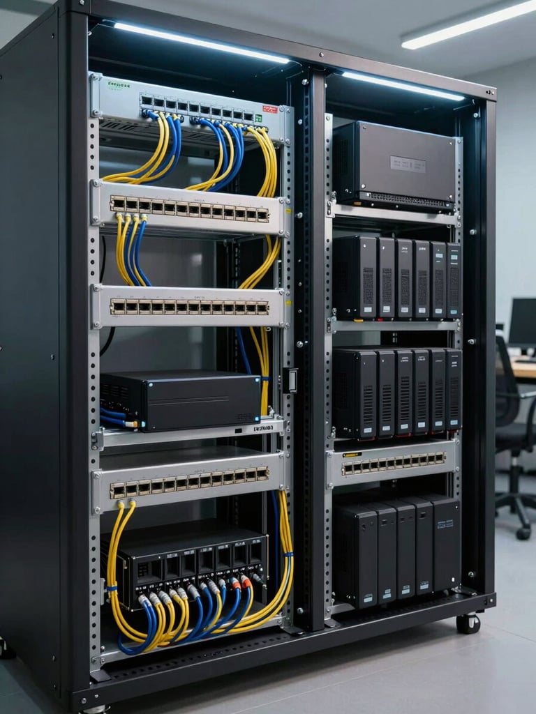 Wide shot of a full enterprise-style home lab rack: patch panel, managed switches, firewall appliance, NAS, and UPS all mounted and cabled, room lit by cool overhead LED strip, cables labeled and routed in parallel runs