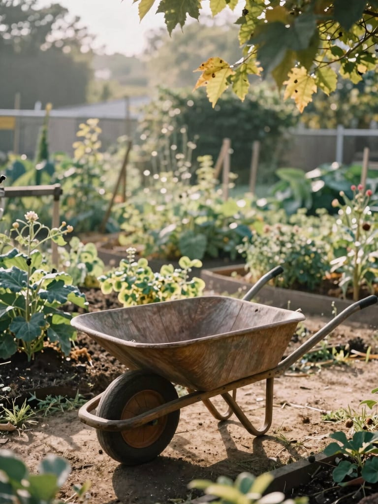 A warm, natural light photograph of a community garden in the early morning, soft sunbeams filtering through leaves, a wooden wheelbarrow, muted classic tones.