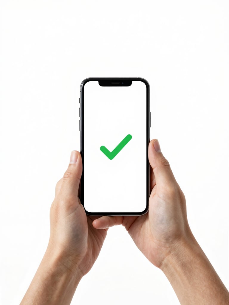 Hands holding a smartphone displaying a clean chat interface with a green checkmark, bright high-key lighting, minimalist white studio background, soft shadows