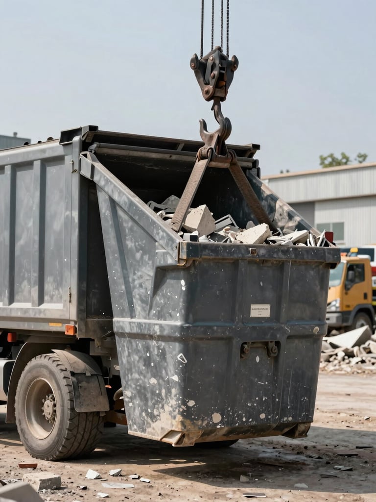 Close environmental shot of a heavy-duty roll-off truck hooking a loaded dumpster at a demolition site, midday daylight, concrete rubble visible inside the container, industrial yard in background, no workers posing