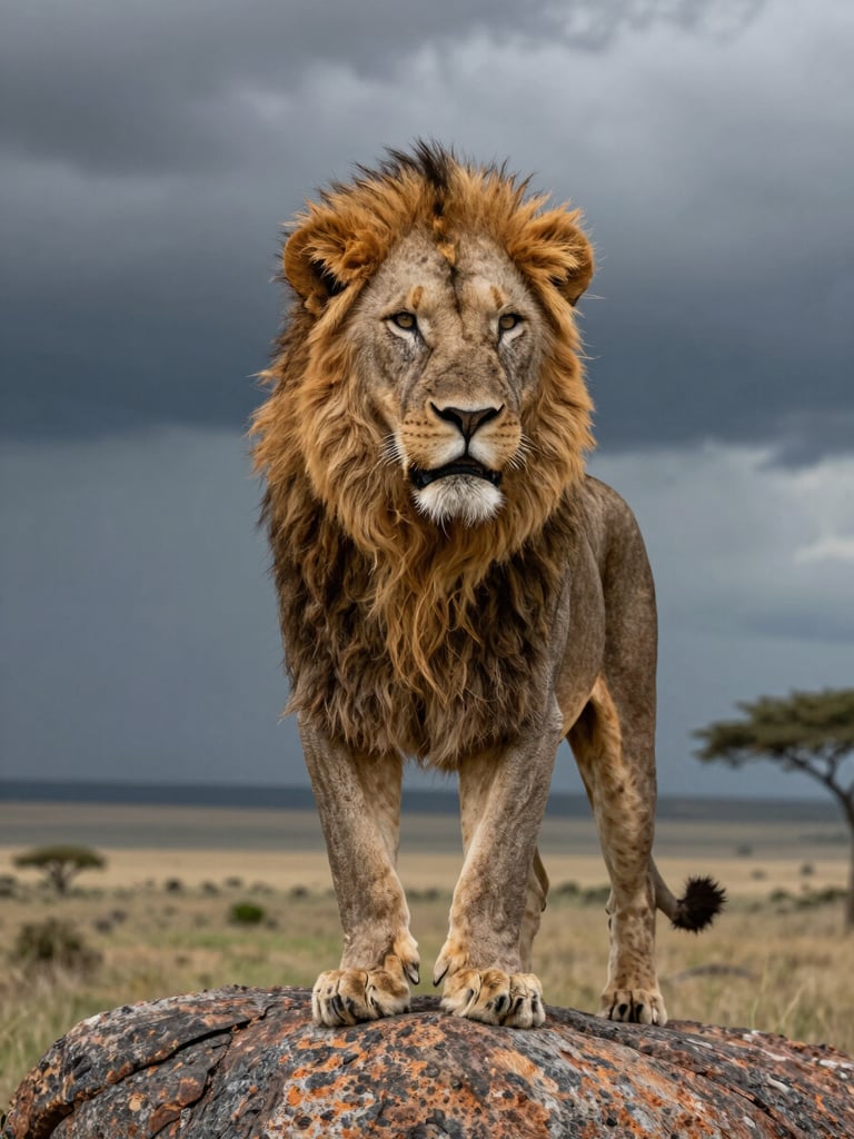 Portrait shot of a majestic lion standing on a granite kopje in the Serengeti, looking over the vast savanna under high-contrast dramatic storm clouds.