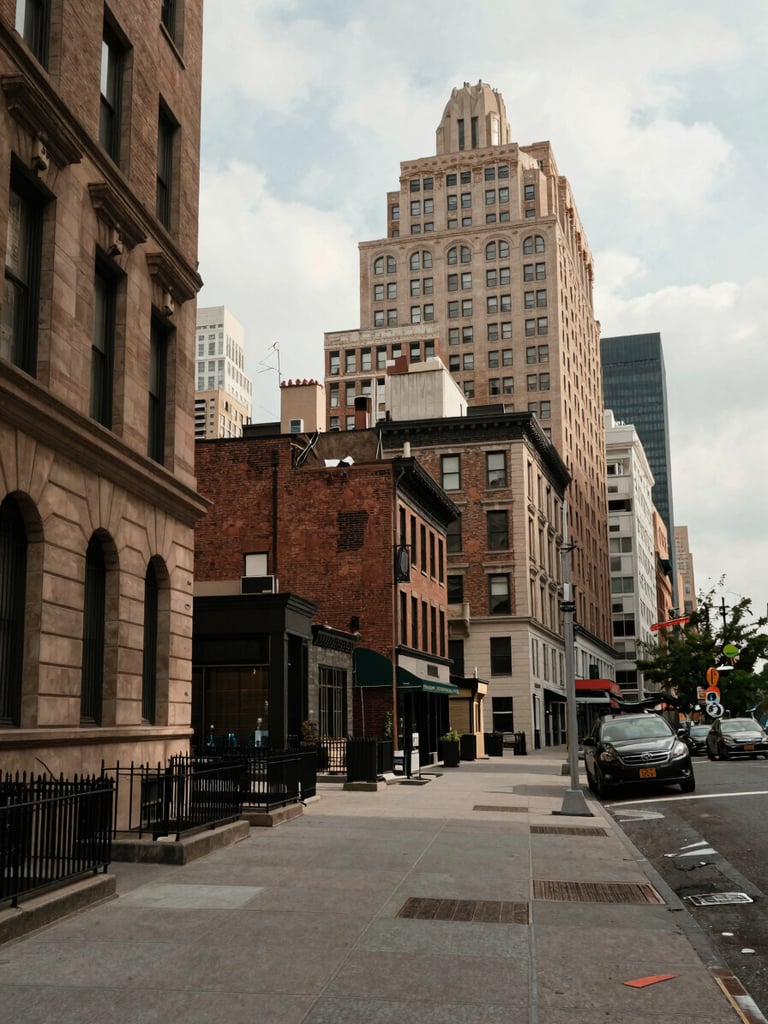 Wide shot of a New York City block-level streetscape in daylight: low-angle view along a midtown sidewalk with building facades in warm stone and brick, morning overcast light, no people in foreground, showing neighborhood scale and materiality, muted desaturated tones