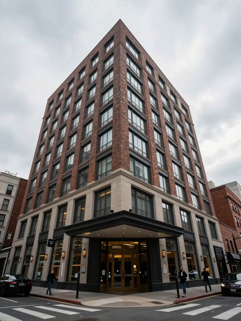 Wide exterior shot of a mid-rise urban hotel facade in daylight, overcast diffuse light, street-level entry visible, pedestrians absent, brick and glass materials, city block context in background, shot from a slight angle emphasising the building's proportion