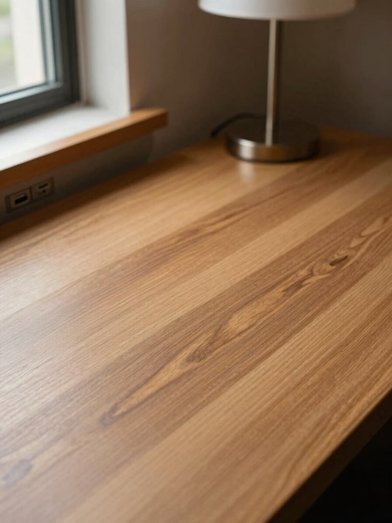 Wide environmental shot of a hotel desk surface at eye level, warm oak desktop, a single lamp casting diffuse light, two USB-C outlets visible at the edge, window light from the left washing across the grain — no objects, no person, muted tones