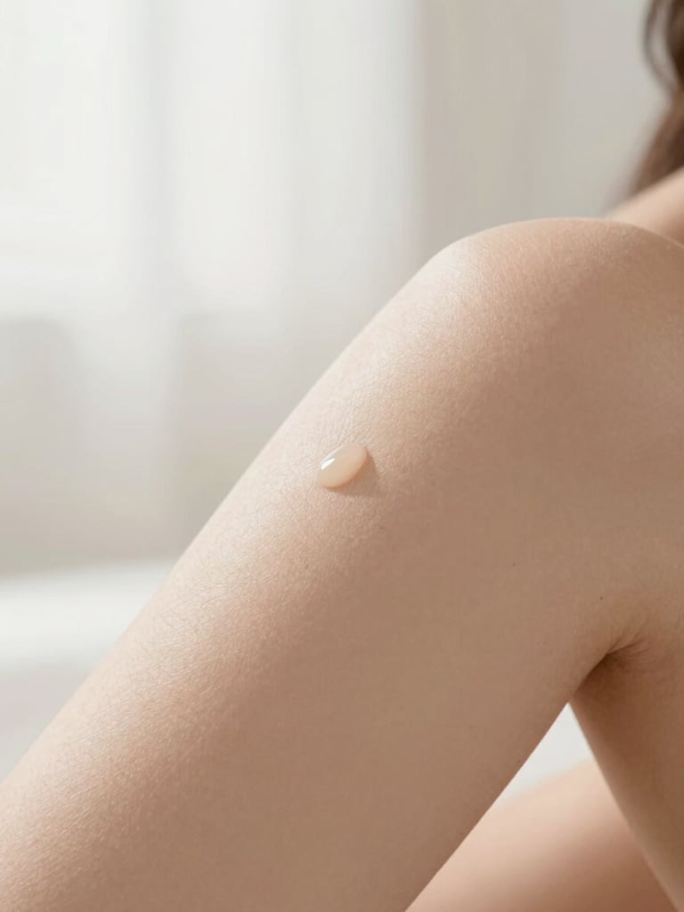 Close-up of clean skin with natural texture in soft-focus studio interior, warm morning light, sage and blush tones