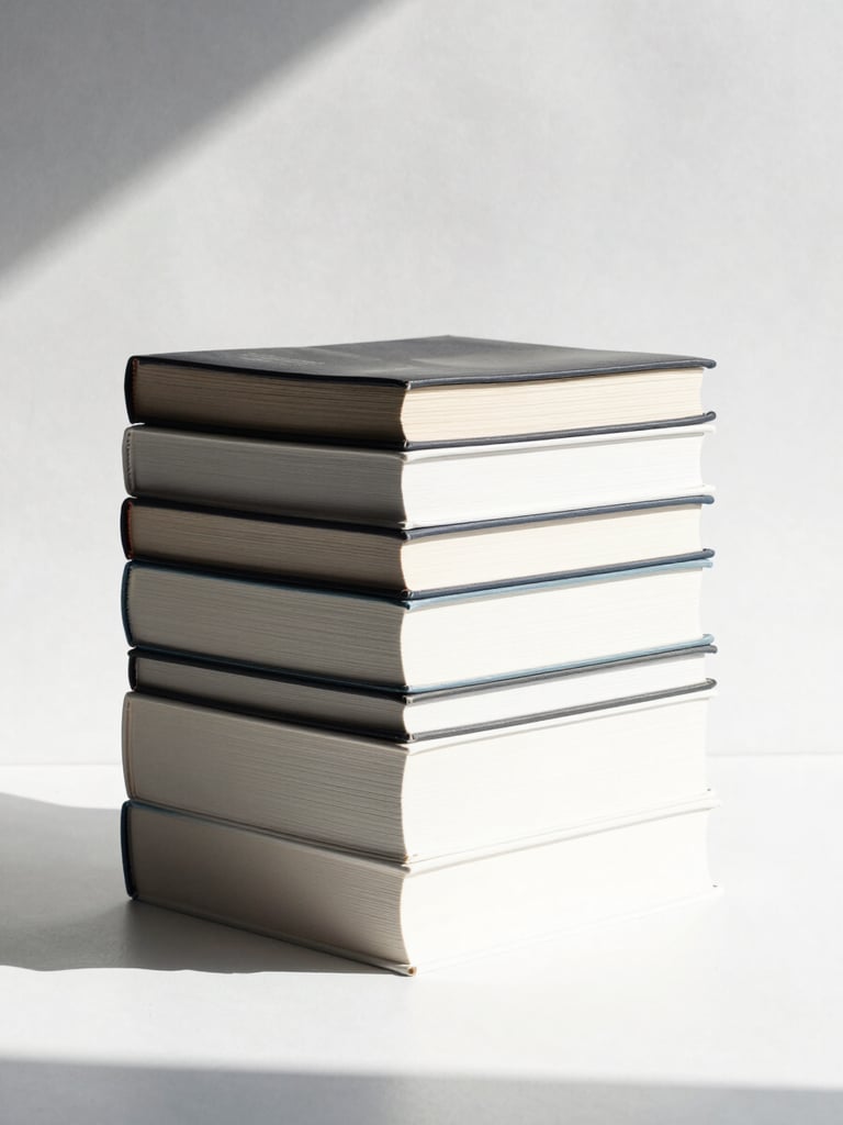 A clean, clinical studio shot of a stack of minimalist design and business books on a stark white background, sharp focus, high-contrast natural light, 35mm lens