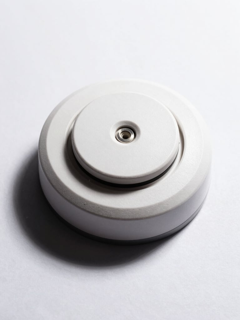 Isolated product shot of a high-quality smoke detector on a clean white background, clinical studio lighting, stark shadows