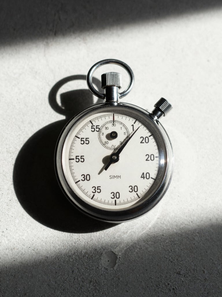 Stark close-up of a classic analog stopwatch resting on a white concrete surface, harsh side lighting casting a long shadow, 35mm lens, sharp focus.