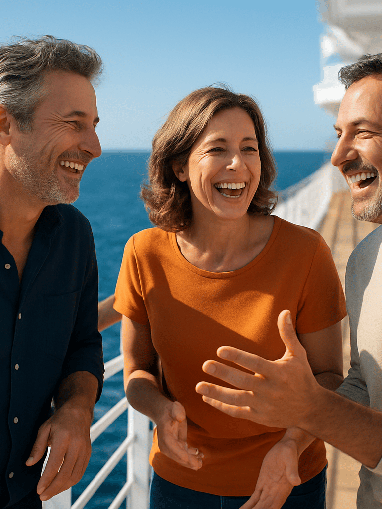 A bright, natural daylight photograph of three adults in their 40s laughing and talking on a modern cruise ship deck, deep blue ocean background, crisp clean focus, 35mm