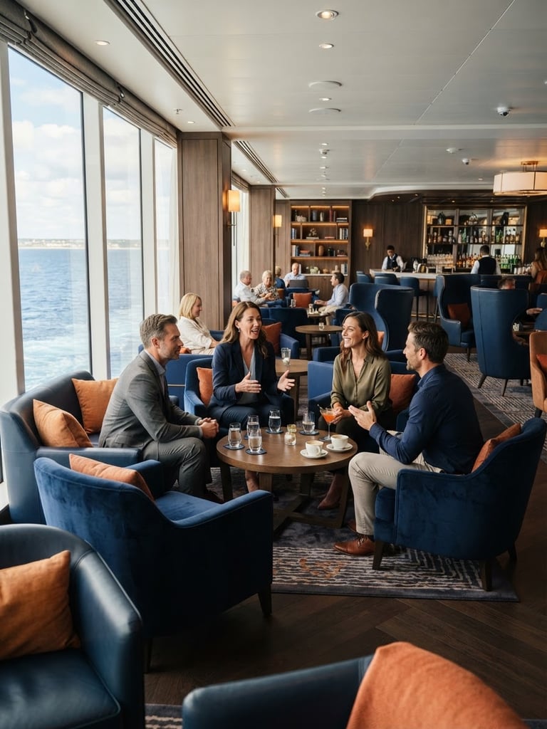 A modern cruise ship lounge with warm natural window light, elegant deep navy seating, and a small group of professional adults talking, wide shot, 35mm.