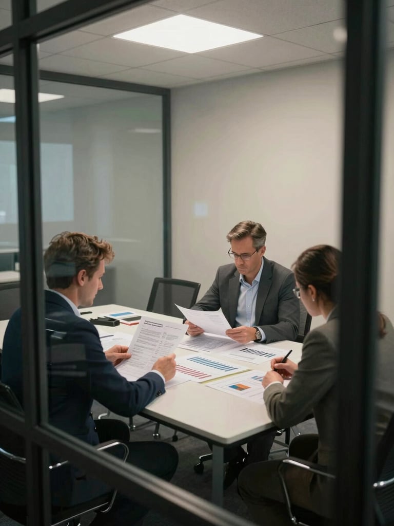Wide environmental shot of a financial advisory meeting room viewed from outside through a glass partition, two professionals at a long table reviewing printed allocation charts spread across the surface, cool artificial tungsten lighting preserving document legibility, framing from corridor level showing the room in full session without posing, materials and annotations clearly visible on the table