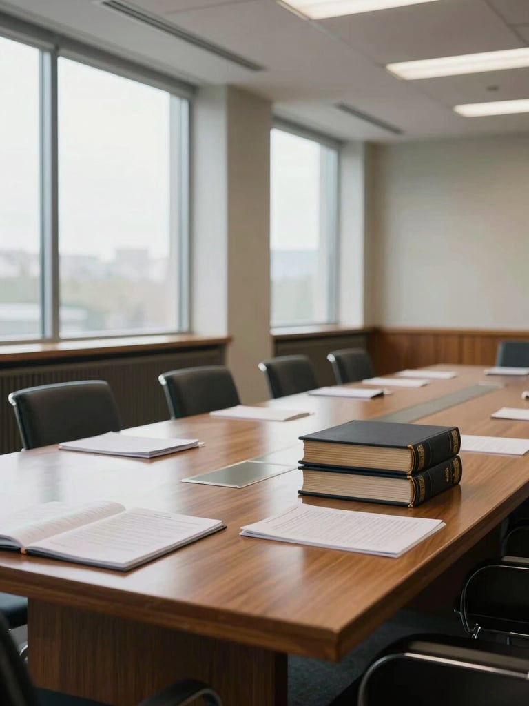 Wide interior of a legal conference room, long oak table with stacked legal briefs and open folders under north-facing daylight through tall windows, empty chairs, no people, architectural calm