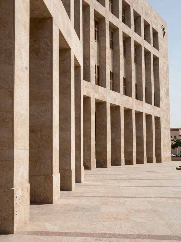 Wide environmental shot of a Saudi government regulatory building facade, north-facing daylight, geometric stone columns in the left foreground, expansive open plaza receding to the right, deep shadows in the colonnades, no people, no signage