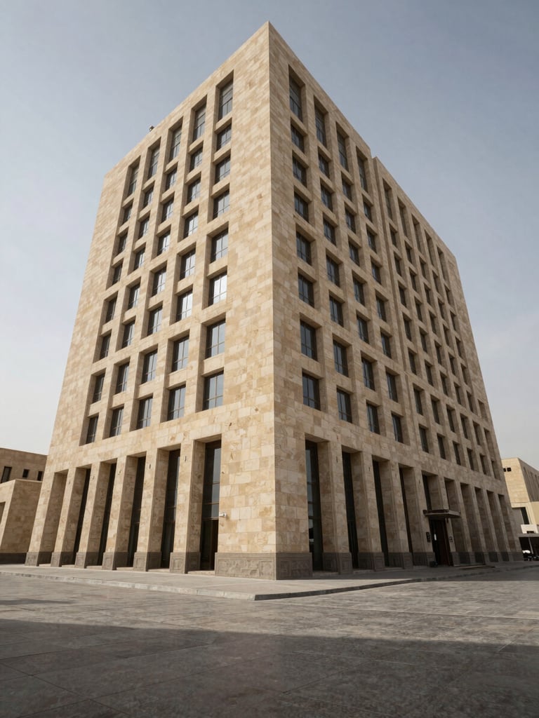 Wide architectural exterior of a Riyadh office building in north-facing daylight, stone facade with geometric proportions, empty foreground pavement, overcast sky above, framed from street level looking slightly upward to the right third of frame