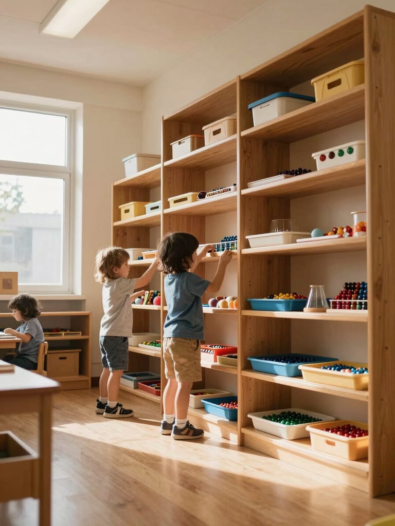 Wide classroom shot from low angle, children at child-height Montessori shelves selecting materials, warm natural daylight streaming from left windows, trays and beads visible on shelves, unposed and absorbed in activity