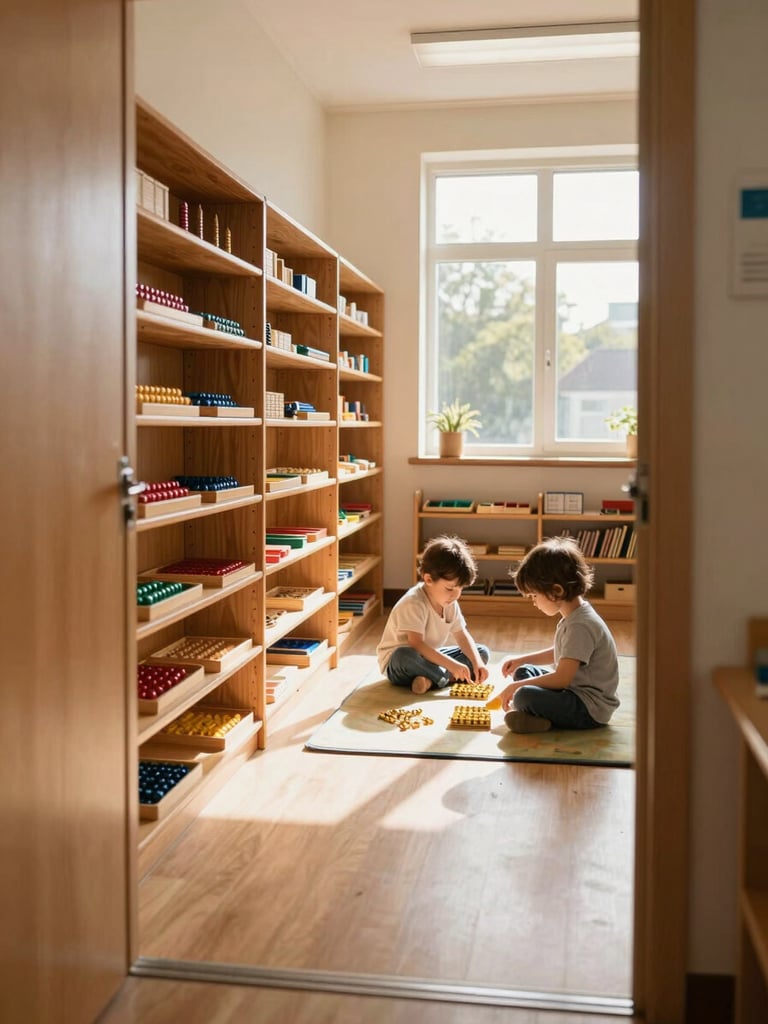 Wide classroom interior shot from the doorway, child-height wooden shelves lined with Montessori bead chains and trays along the left wall, two children sitting cross-legged on a mat working with golden bead materials, warm natural north-facing daylight streaming through large windows on the right, no adults visible, activity feels unposed and absorbed