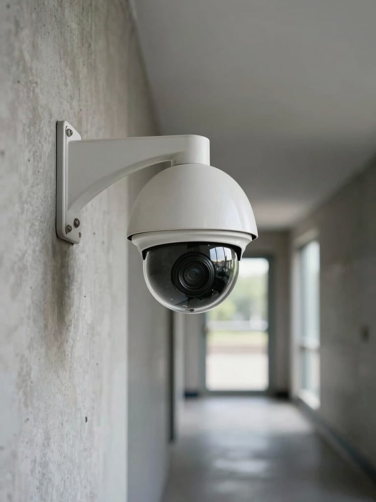 Close-up detail of a dome CCTV camera mounted on a painted concrete corridor wall, corridor stretching out of focus behind it, sharp daylight from an open doorway at corridor end, institutional clarity—safety infrastructure visible