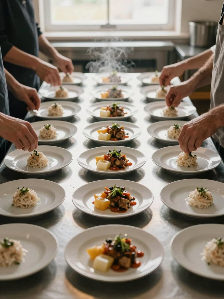 Close overhead view of a kitchen counter during active event preparation — multiple hands arranging identical plated portions in a row under bright window light, steam rising faintly from one plate, stainless steel surfaces reflecting warm ambient light, documentary framing with no faces visible