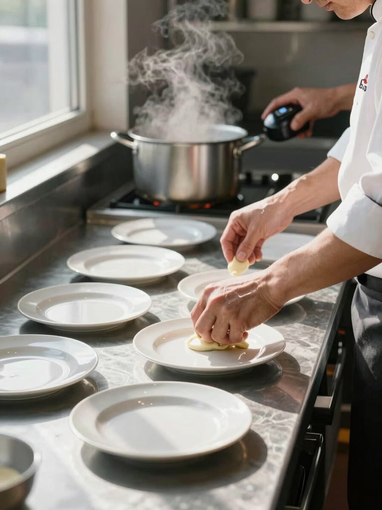 Close-up of hands arranging individual plates on a stainless steel pass, kitchen in controlled motion behind — steam rising from pots, a cook checking a timer, natural window light from the left casting sharp shadows across the marble counter, food being portioned with precision