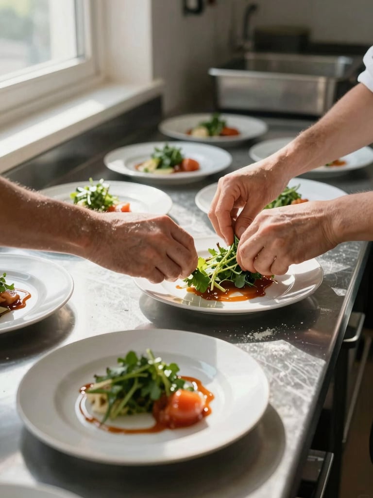 Close environmental shot of a kitchen in motion — two sets of hands arranging garnishes on lined-up plates on a stainless steel counter, natural window light from the left casting strong shadows, flour dust and sauce traces on the surface, production documentary framing