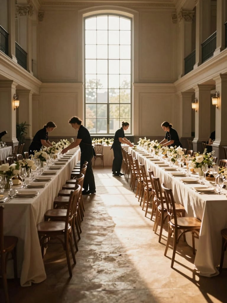 Wide environmental shot from inside a grand banquet hall mid-transformation — long linen-covered tables stretching toward tall windows, warm golden light flooding the room, staff in dark aprons arranging centrepieces in the middle distance, empty chairs waiting to be filled, strong shadow contrast from afternoon sun cutting across the floor