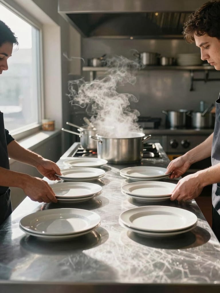 Wide environmental shot inside a professional kitchen: two pairs of hands arranging plates on a stainless steel pass, steam rising from pots in the background, natural light flooding from a high window on the left, strong shadow contrast across the counter surface, documentary framing at mid-distance showing the full station in motion