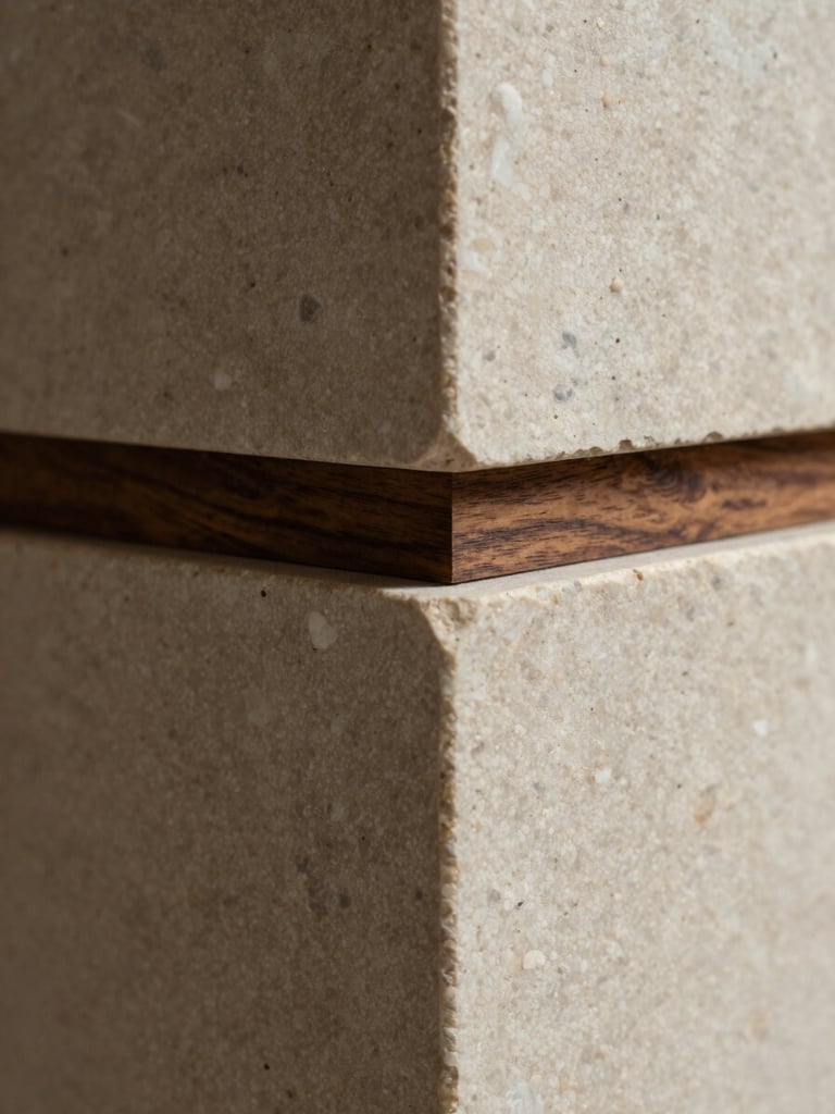 Extreme close-up macro detail of a raw travertine block meeting a dark walnut timber junction, soft side lighting, rich textured neutrals